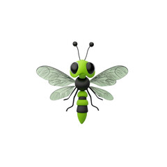 Cartoon insect figure with segmented black and green body, bright green head with large eyes and delicate white leaf-shaped wings with black veins