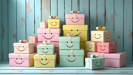 Stack of cheerful pastel gift boxes with happy faces and bows against a rustic blue wooden background