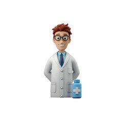 A doctor wearing a white coat and glasses, next to him is a blue bottle of medicine with a white cross