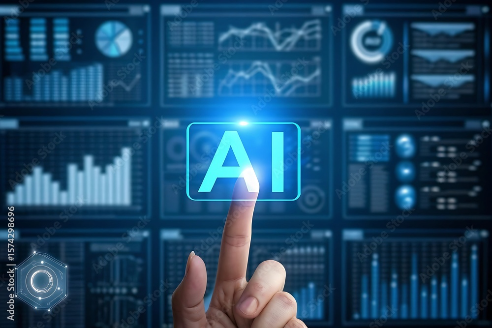 Poster human finger touching glowing blue artificial intelligence interface displaying data charts image