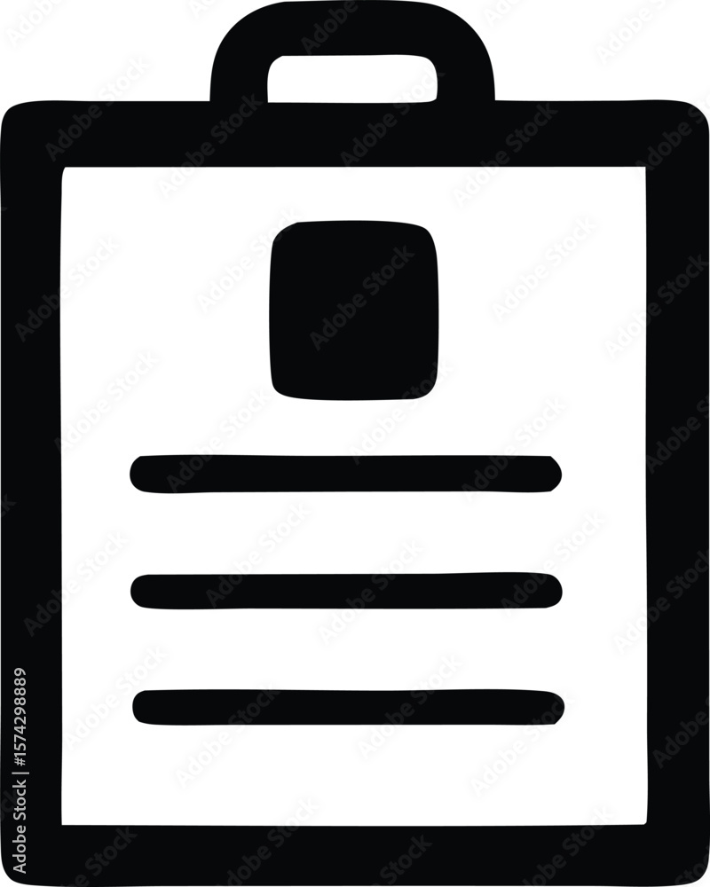 Poster simple black and white icon representing a clipboard with a square placeholder and three horizontal 