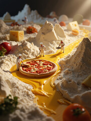Pizza rivers flowing through surreal cheese landscape