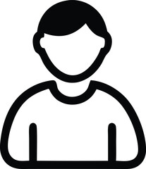 Simple black and white icon of a person with short hair wearing a t shirt representing a user profile