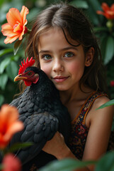 Girl smiles holding black chicken among flowers
