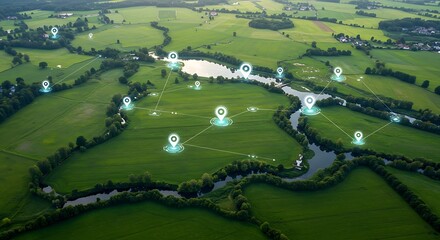 Aerial view of a green agricultural landscape with digital network connections and location pins