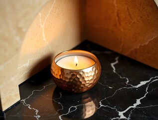 Lit Candle in Hammered Copper Holder on Marble Surface