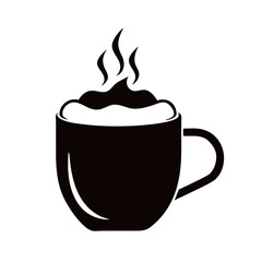 Hot chocolate in black cup with steam on white background  