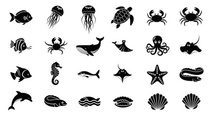 Ocean's Silhouette: A graphic collection of diverse sea creatures, each rendered in a striking black silhouette, invites exploration of marine life and underwater wonder.
