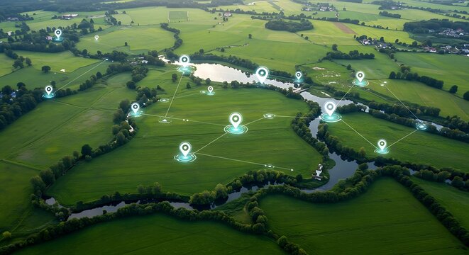 Aerial view of a green agricultural landscape with digital network connections and location pins