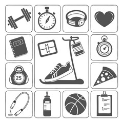 Dumbbell stopwatch heart fitness tracker notebook gift card treadmill shoe weight pizza jump rope water bottle basketball clipboard