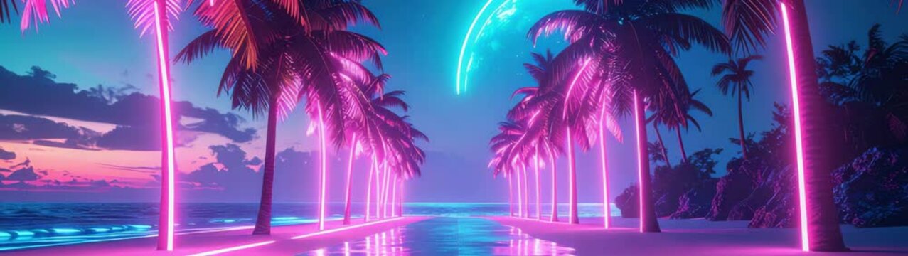 Pink neon lights illuminate palm trees on a tropical beach at sunset, creating a vibrant and surreal synthwave scene.