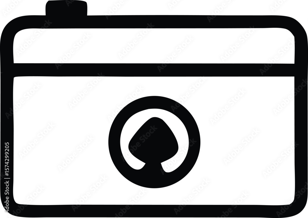 Poster simple black and white icon representing a vintage camera with a prominent circular lens and a top b