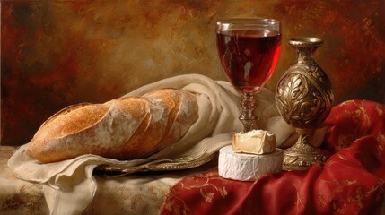 Still life of bread, wine, and cheese
