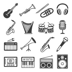 Guitar trumpet trombone headphones harp drums microphone keyboard radio speaker vector