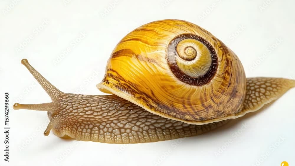 Poster detailed snail closeup shot, revealing intricate shell patterns and delicate antennae movements in