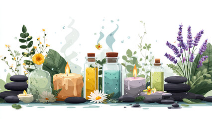 Aromatherapy Vector Illustration with Candles, Essential Oils, and Herbs