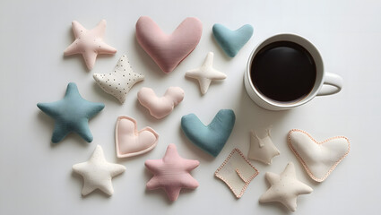 A comforting arrangement of soft fabric hearts and stars with a warm cup of coffee on a white background