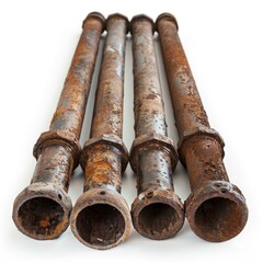 Four rusty pipes lying on white background showing severe corrosion