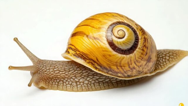Detailed snail closeup shot, revealing intricate shell patterns and delicate antennae movements in
