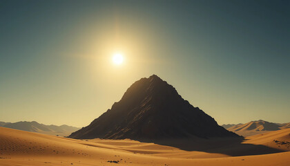 A naturally square black mountain casting a shadow that resembles the Kaaba, golden desert around, sun above &ndash; abstract Islamic concept
