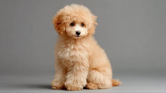 Apricot Toy Poodle Puppy: Adorable apricot-colored toy poodle puppy sitting attentively, showcasing its fluffy coat and charming expression.
