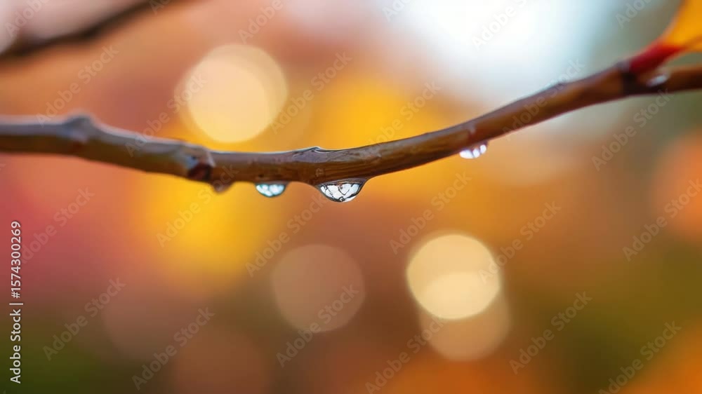 Poster macro view of glistening water droplets hanging from a delicate tree branch with colorful bokeh