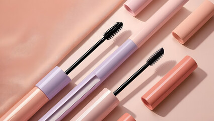 Obraz premium Soft focus close up of pastel colored mascara tubes and wands arranged on a peach fabric background
