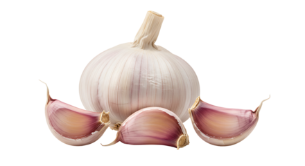 A bulb of garlic alongside three garlic cloves all against a black backdrop