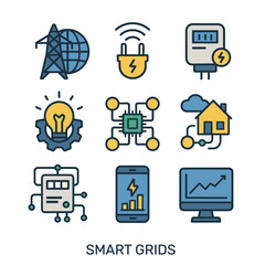 Smart grids icons set. Energy meter, smart home, AI chip, mobile app, power analytics