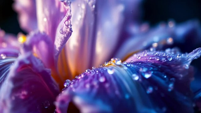 Purple water drops glisten on a vibrant crocus petal, a beautiful macro abstract of spring's floral bloom 4k video footage 
