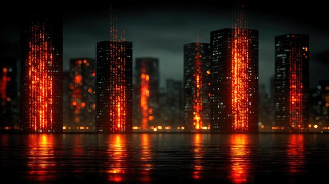 Digital City With Glowing Code Streams