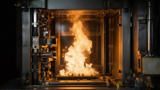Fire and the Machine: Inside a controlled environment, flames dance and engulf materials within a robust machine, showcasing an intense and dynamic interplay of heat, energy, and containment.