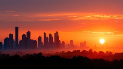Naklejka premium City Skyline at Fiery Sunset