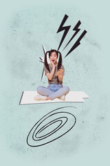 Creative sketch artwork pop collage of happy businessman businesswoman stand lightning job pressure...