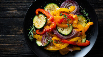 Flat lay of roasted bell pepper slices in red, orange, and yellow, paired with red onion and zucchini, served on a black plate atop a dark oak table