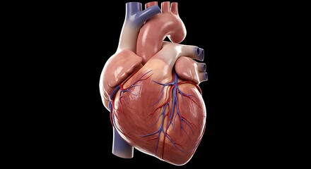 Highly detailed 3D rendering of a human heart isolated on a black background. Scientific graphic showing the appearance and blood vessels of the heart.