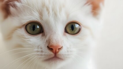 Close up of a white cat with green eyes looking at the camera