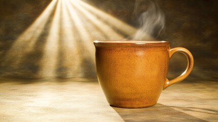 Steaming mug, sunlight, dark background, warmth, comfort