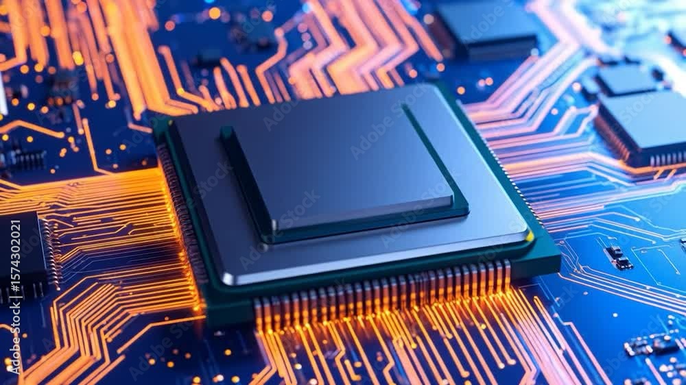 Poster close-up of a cpu on a circuit board with glowing orange pathways