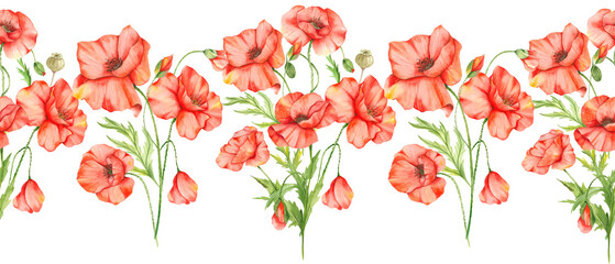 Seamless Poppy Garland with Flowers and Leaves. Botanical Seamless Horizontal  Background. Poppy Watercolor Illustration. Red Poppy Flower Design. Poppies garland seamless. Poppy Border Frame