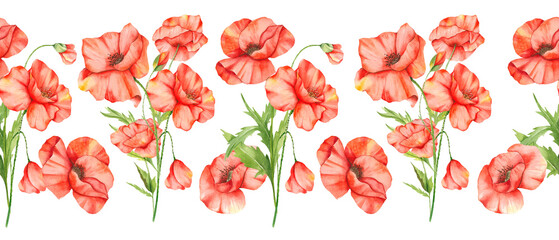 Seamless Poppy Garland with Flowers and Leaves. Botanical Seamless Horizontal  Background. Poppy Watercolor Illustration. Red Poppy Flower Design. Poppies garland seamless. Poppy Border Frame