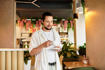 Young man enjoys coffee in a cozy cafe during the summer