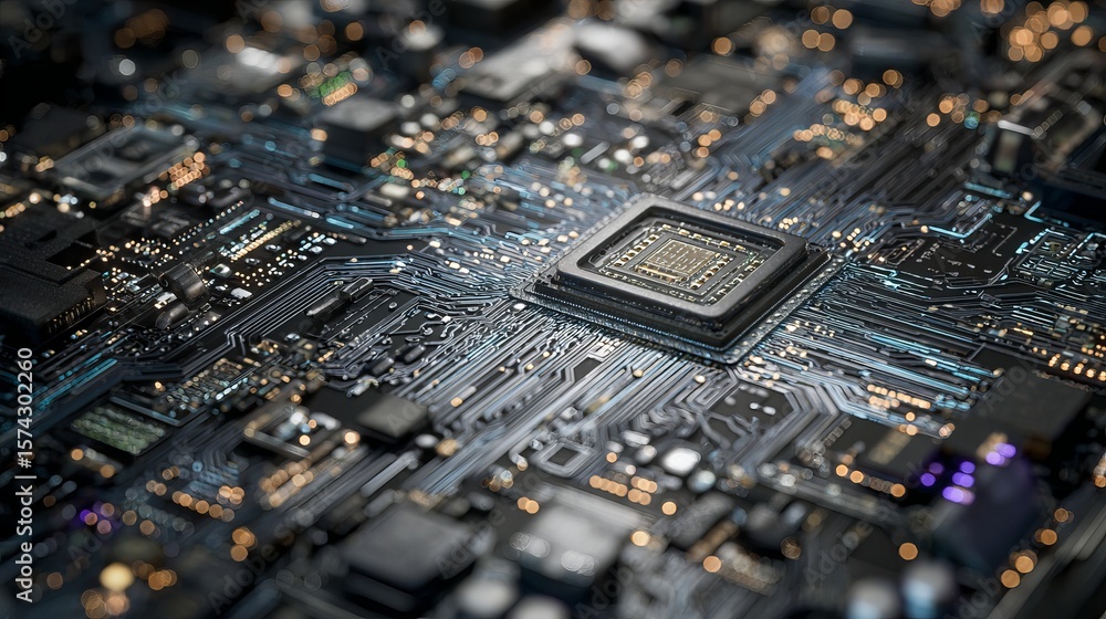 Poster intricate motherboard close up reveals complex circuits and cutting edge microchip engineering with 