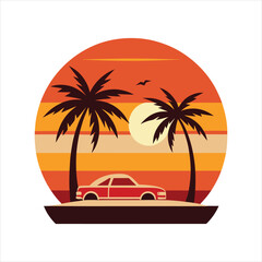  Palm Tree and Car Silhouette at Sunset Vector Art