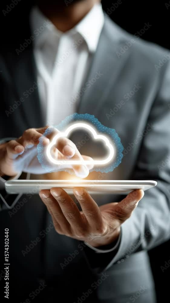 Poster cloud computing connection: a businessman seamlessly interacts with a glowing cloud icon on a tablet