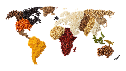 World map made of grains beans and legumes concept on transparent background