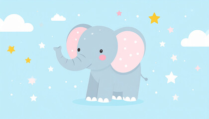 Naklejka premium Cute cartoon elephant in a light blue background with clouds and stars.