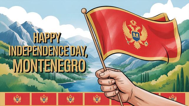 Montenegro independence day 21 may. Montenegro flag in hand. Greeting card, poster, banner template vector illustration. - Powered by Adobe