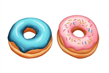 Blue and pink frosted donuts with sprinkles isolated on white background.