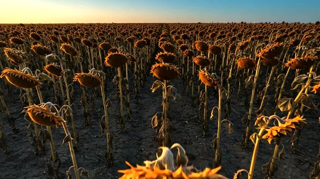 Aerial drone view of withered sunflower field at sunset after harvesting season